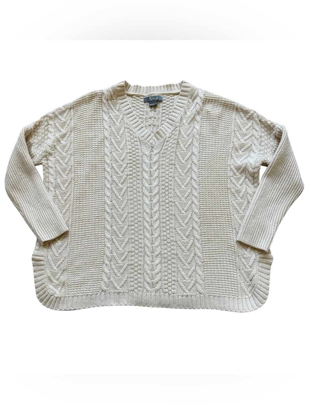Natural Reflections Cream Cable Knit V Neck Oversized Sweater Womens M Cozy Fall